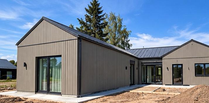L-shaped timber home under construction with grey cladding, dark metal roof and glazed corner openings