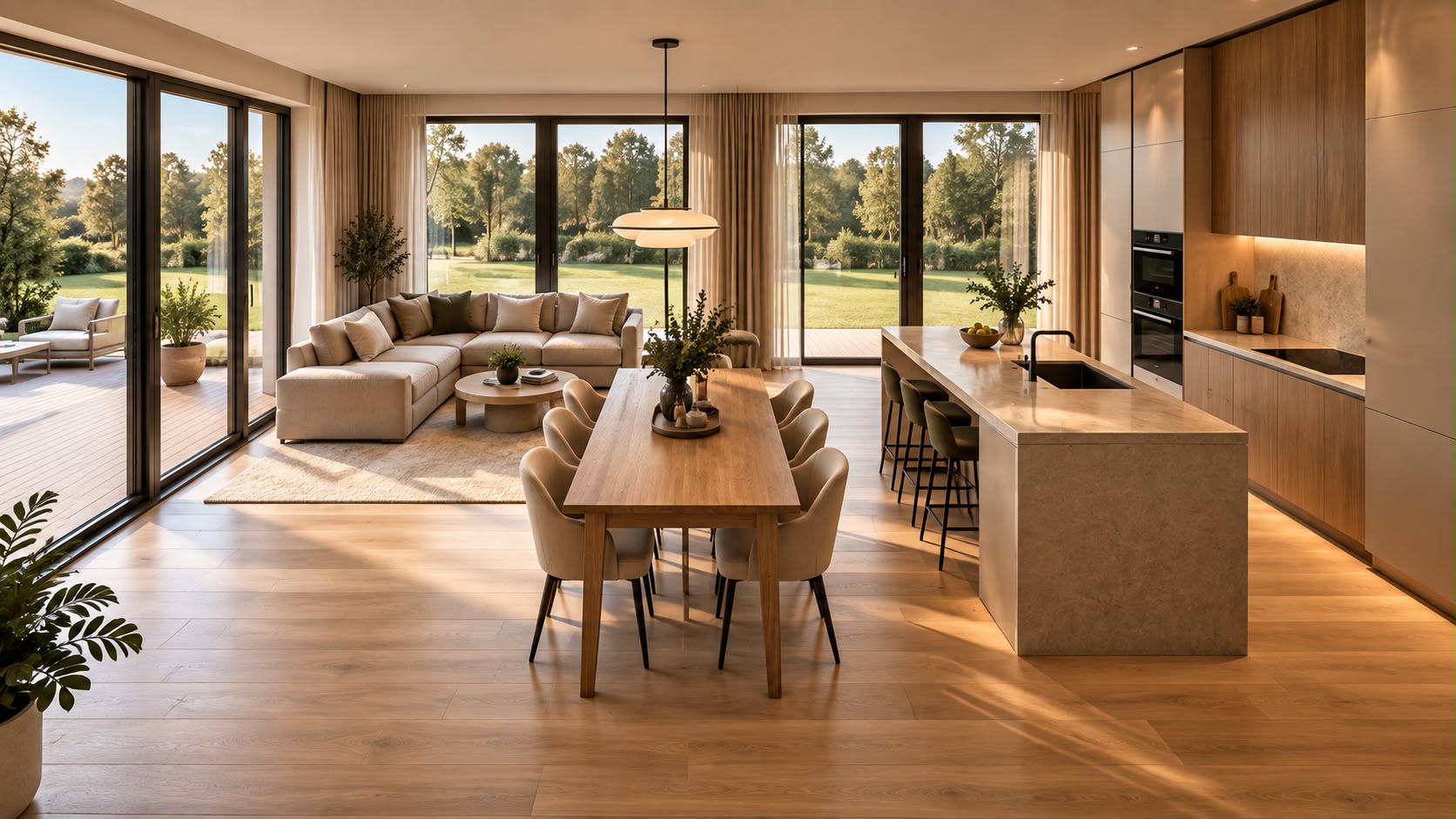 Open-plan living, dining and kitchen interior concept with timber finishes and garden views